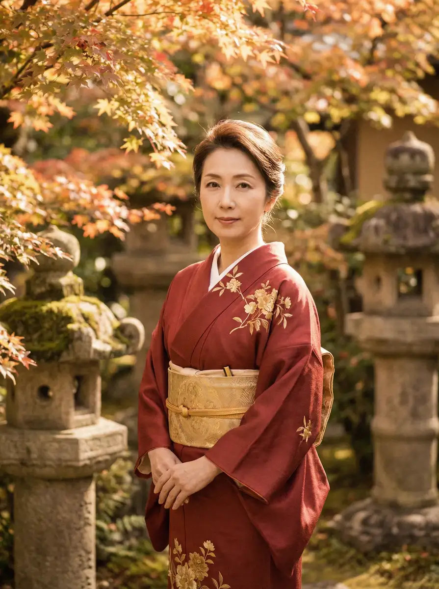 一位身穿暗红色和服的优雅 儿子搞妈妈视频 在日式庭院中